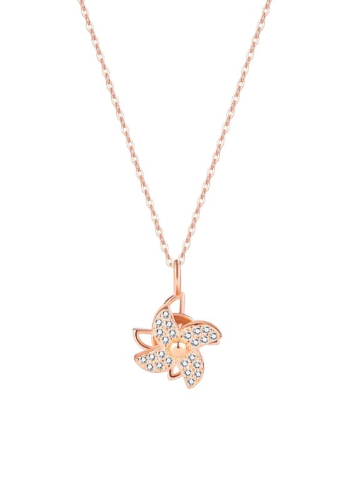 402 [rose gold ] 925 Sterling Silver Cubic Zirconia Geometric Cute  Windmill Snowflake Pendant Necklace